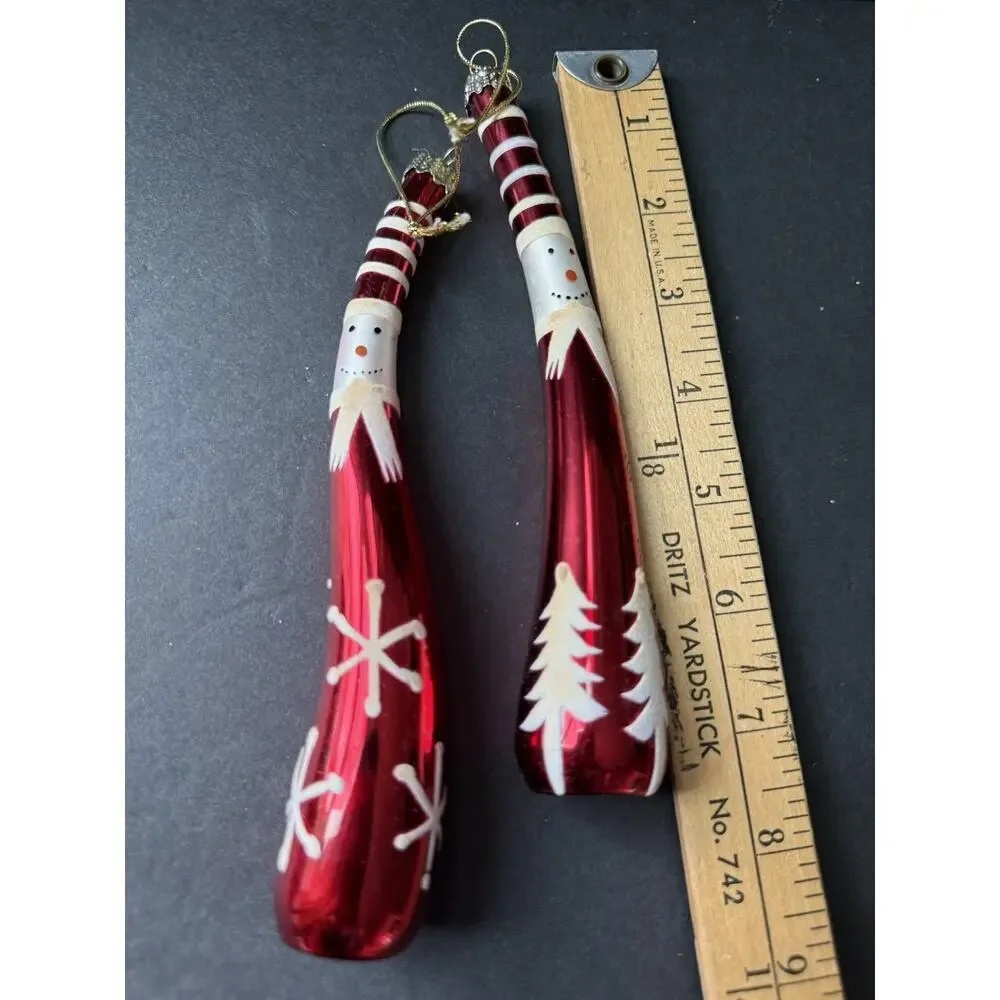 Vtg Hand Blown Glass Snowman Santa Icicle Ornament Red Set (2) Whimsy Holiday